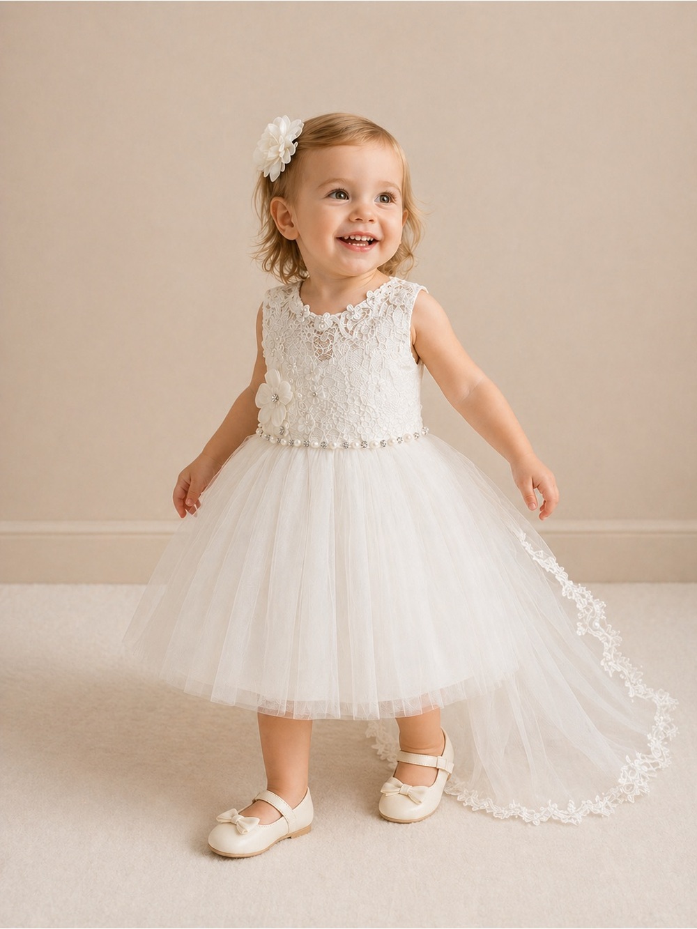 Ivory Lace Toddler Dress w/ Train Size 3T (100) Flower Girl Baptism Wedding